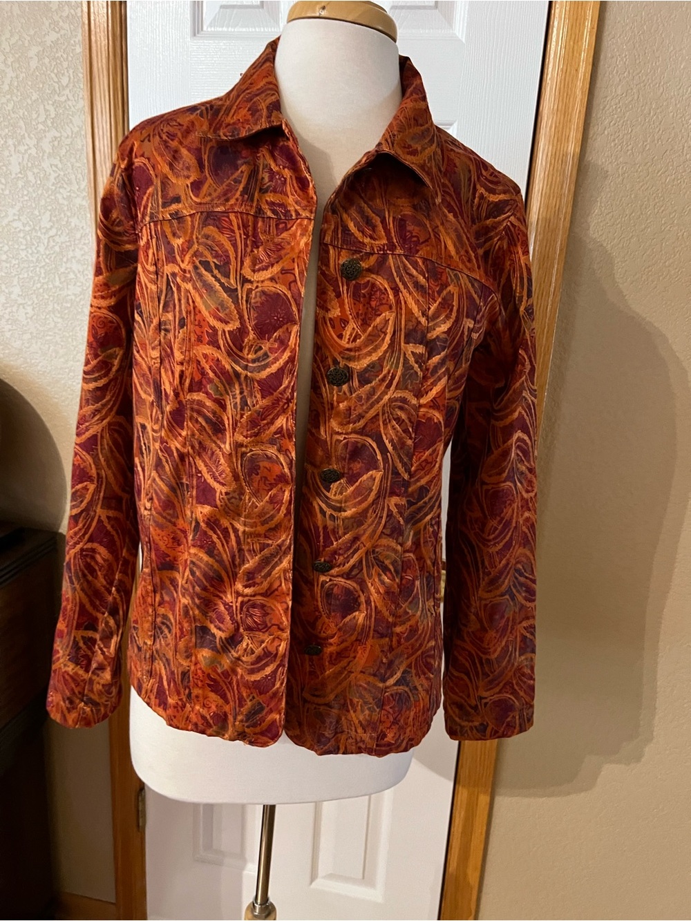 Christopher & Banks Multicolor Swirl-Print Button Jacket in Orange and Burgundy